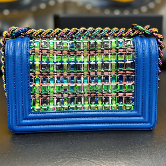 Chanel Old Small Boy Flap Bag Blue Rainbow Woven PVC with Lambskin Multicolor Gr - Picture 8 of 16